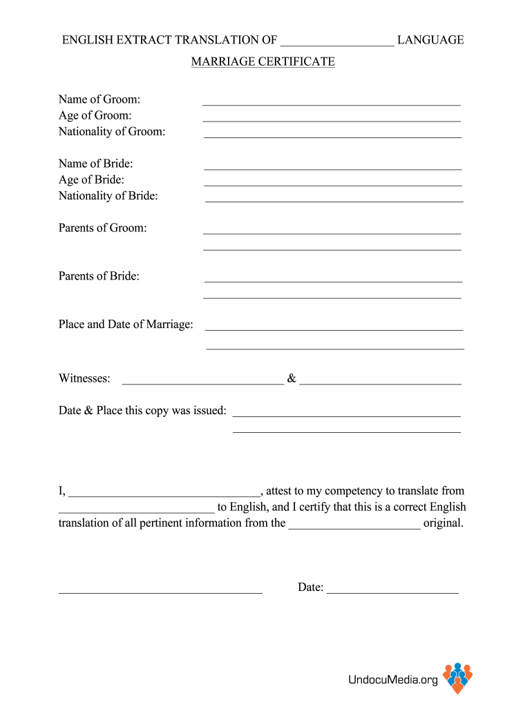 Marriage Certificate Translation Template Free Printable (2024 Pathway to Unity): wedding, USCIS, form, Microsoft Word, PDF, fillable.