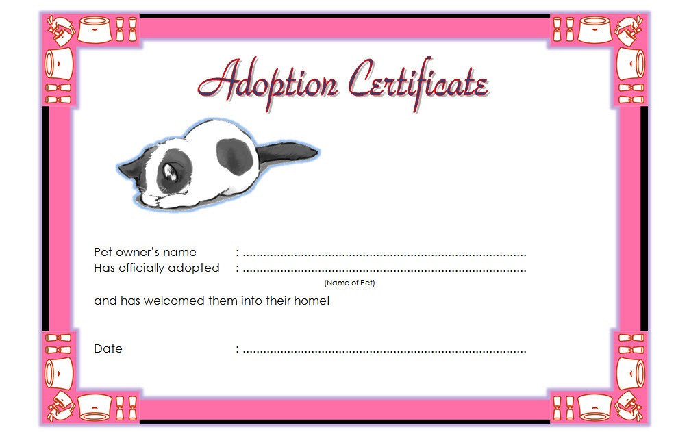 Pet Adoption Certificate Free Printable (Get 2024 Positive Life): cat, dog, animal, stuffed, editable template, Microsoft Word, PDF format.
