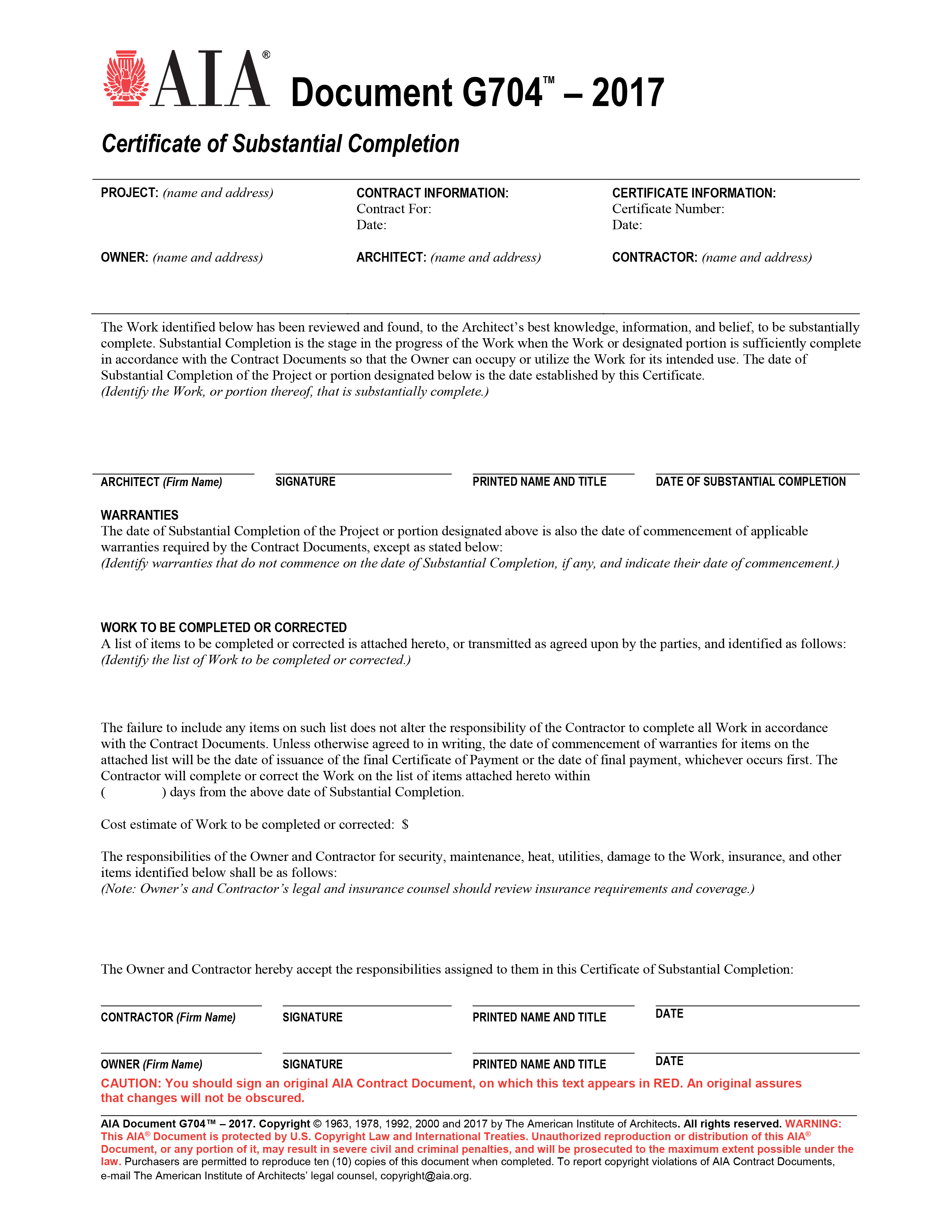 Certificate of Substantial Completion Template Free (6 Must-Have Elements): fillable, printable, PDF, AIA, construction, form, BC, Alberta, Word.