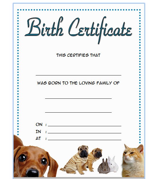 Free Pet Birth Certificate Template (It's 2024 Official) with fresh and new design: Microsoft Word, PDF, editable, customizable, animal, downloadable.