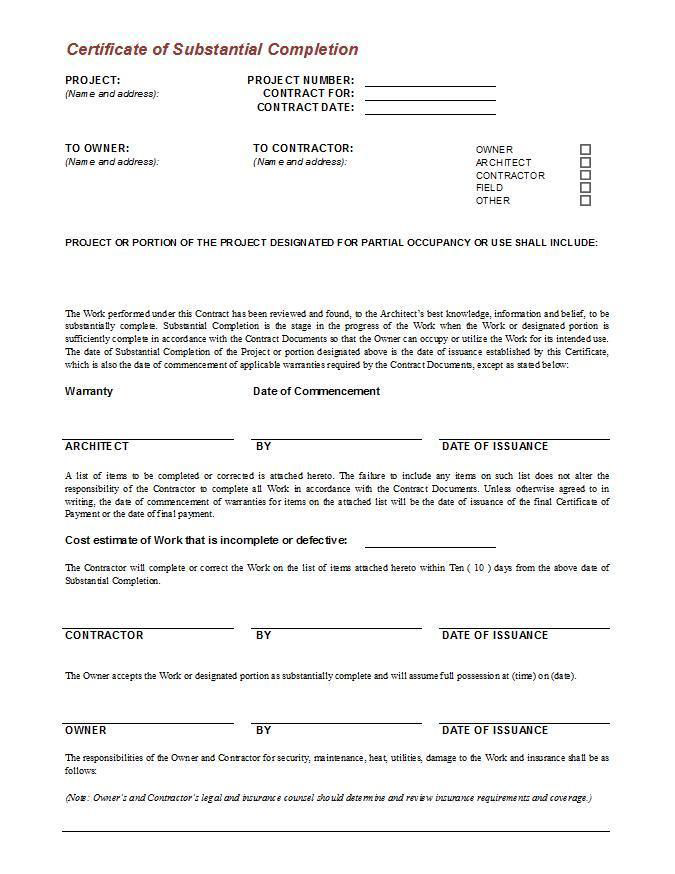 Certificate of Substantial Completion Template Free (6 Must-Have Elements): fillable, printable, PDF, AIA, construction, form, BC, Alberta, Word.