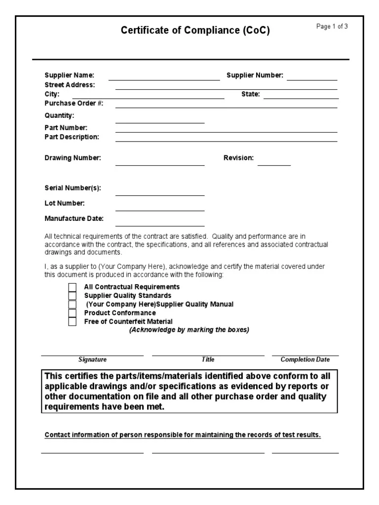 Certificate of Compliance Manufacturing Template Free Printable (Stay Ahead of 2024 Regulations): PDF, Microsoft Word, CoC, conformance, form.