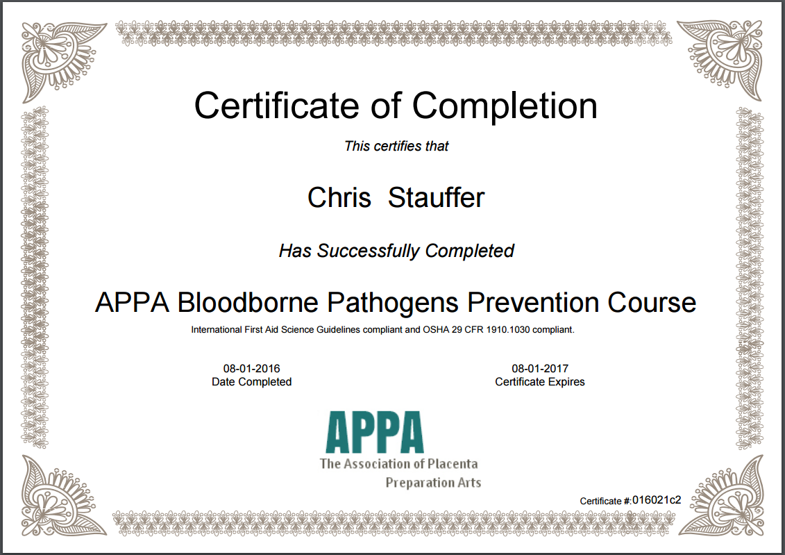 Bloodborne Pathogen Training Certificate Free Printable (2024 Best Designs) for OSHA, APPA, completion, course, PDF format, certification.