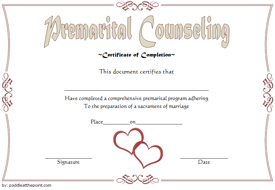 Premarital Counseling Certificate of Completion Template (90% Laughable Love Lessons): free printable, editable, downloadable, marriage, Word, PDF.