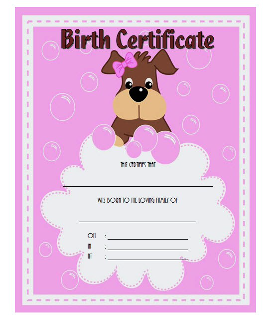 Free Printable Dog Birth Certificate (Barking Up The 2024 Certificate): editable, customizable template, Microsoft Word, PDF, pet, animal, puppy.