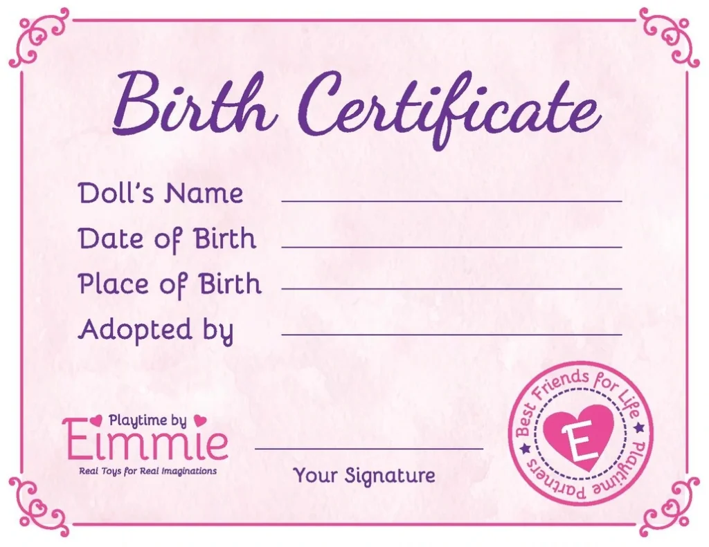 Free Reborn Baby Birth Certificate Template (Making Dolls 100% Official): Microsoft Word, PDF, printable, elf, egg, customizable, stuffed toy.