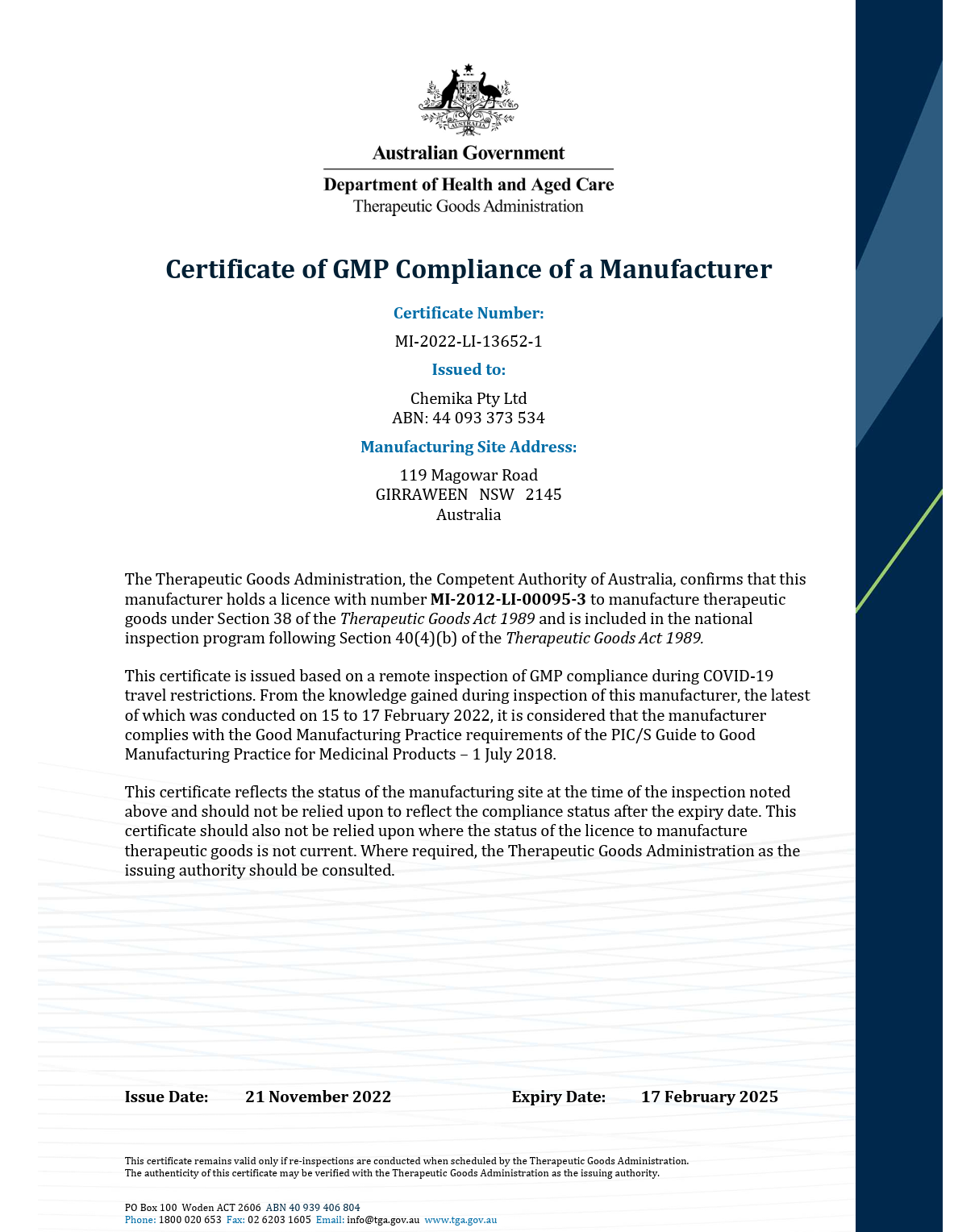 eu certificate of gmp compliance, tga certificate of gmp compliance, gmp certificate of compliance, health canada gmp certificate of compliance, swissmedic certificate of gmp compliance